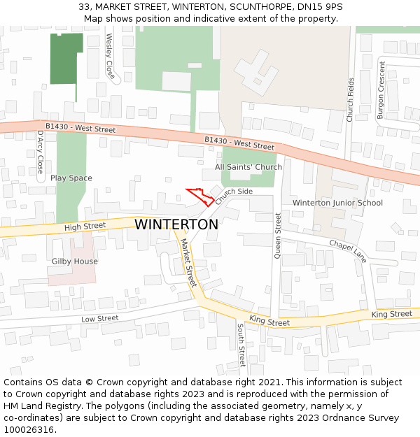 33, MARKET STREET, WINTERTON, SCUNTHORPE, DN15 9PS: Location map and indicative extent of plot