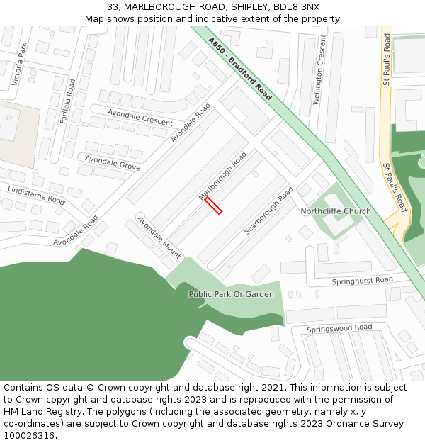 33, MARLBOROUGH ROAD, SHIPLEY, BD18 3NX: Location map and indicative extent of plot