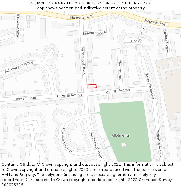 33, MARLBOROUGH ROAD, URMSTON, MANCHESTER, M41 5QQ: Location map and indicative extent of plot