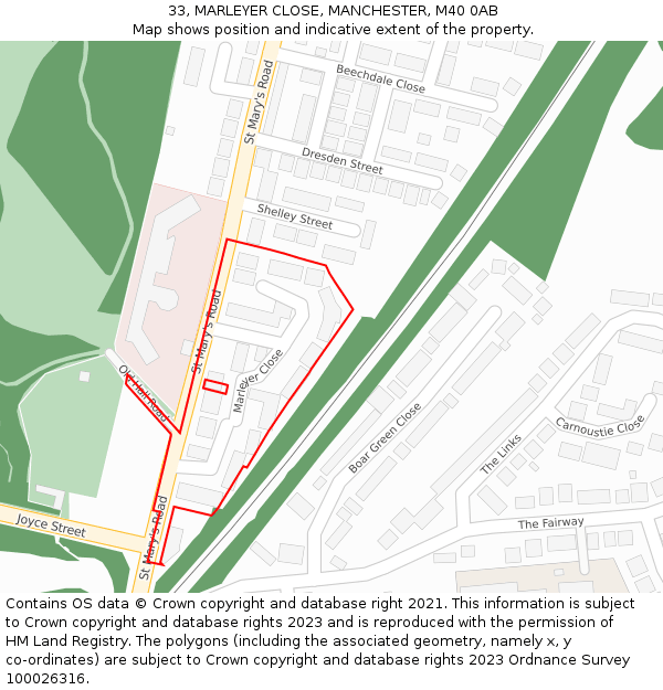 33, MARLEYER CLOSE, MANCHESTER, M40 0AB: Location map and indicative extent of plot