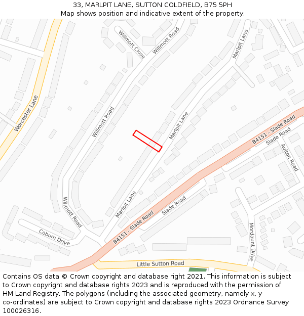 33, MARLPIT LANE, SUTTON COLDFIELD, B75 5PH: Location map and indicative extent of plot