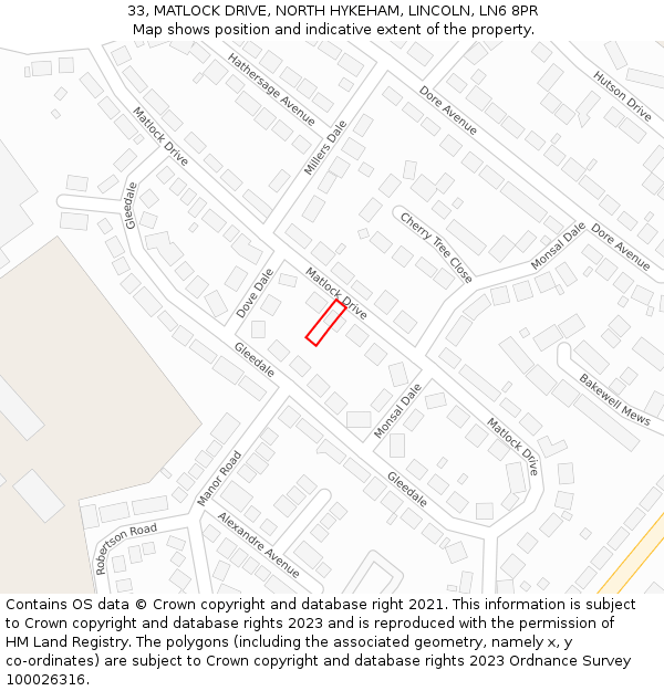 33, MATLOCK DRIVE, NORTH HYKEHAM, LINCOLN, LN6 8PR: Location map and indicative extent of plot