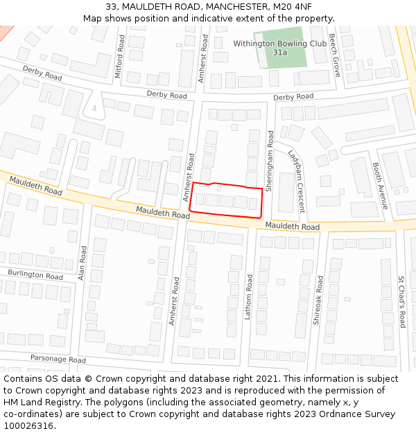 33, MAULDETH ROAD, MANCHESTER, M20 4NF: Location map and indicative extent of plot