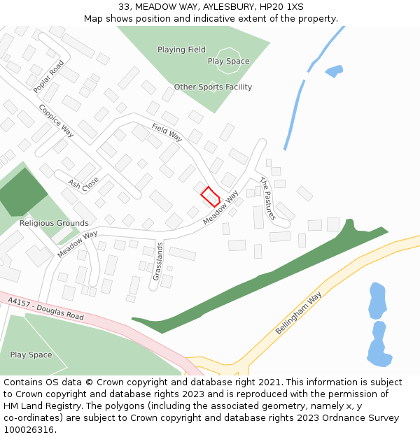 33, MEADOW WAY, AYLESBURY, HP20 1XS: Location map and indicative extent of plot