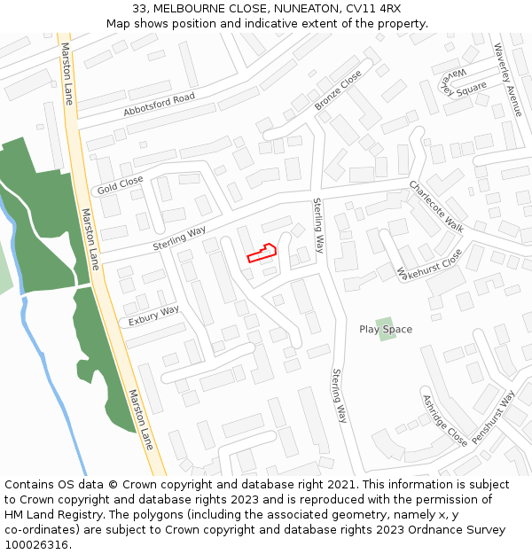 33, MELBOURNE CLOSE, NUNEATON, CV11 4RX: Location map and indicative extent of plot