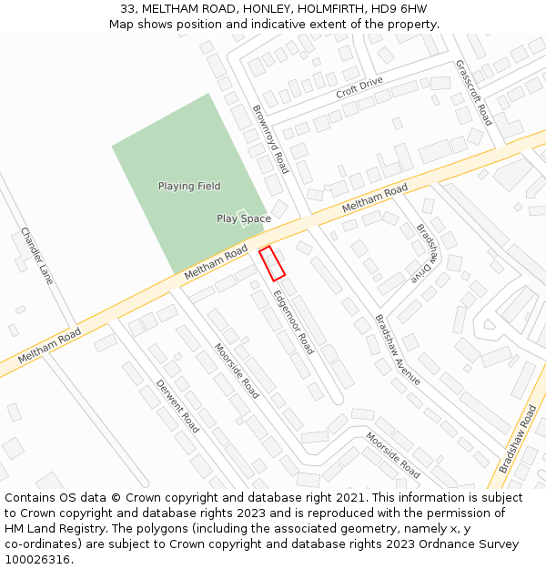33, MELTHAM ROAD, HONLEY, HOLMFIRTH, HD9 6HW: Location map and indicative extent of plot