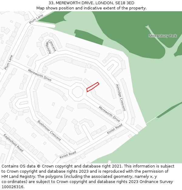 33, MEREWORTH DRIVE, LONDON, SE18 3ED: Location map and indicative extent of plot