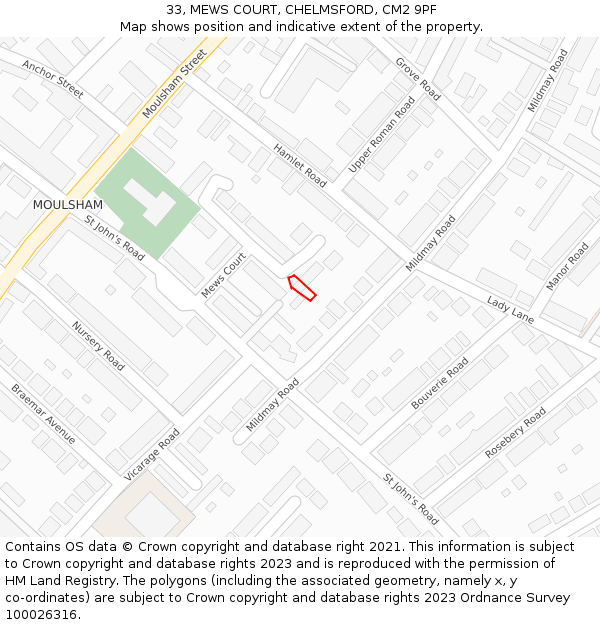 33, MEWS COURT, CHELMSFORD, CM2 9PF: Location map and indicative extent of plot