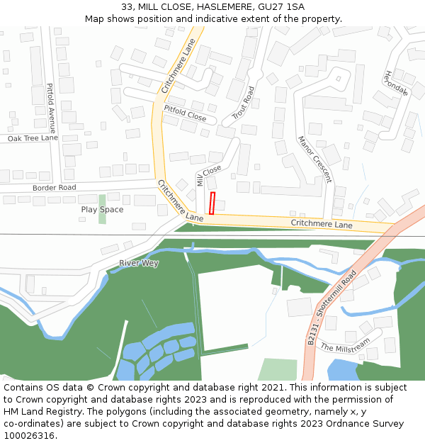 33, MILL CLOSE, HASLEMERE, GU27 1SA: Location map and indicative extent of plot