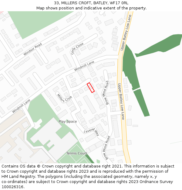 33, MILLERS CROFT, BATLEY, WF17 0RL: Location map and indicative extent of plot