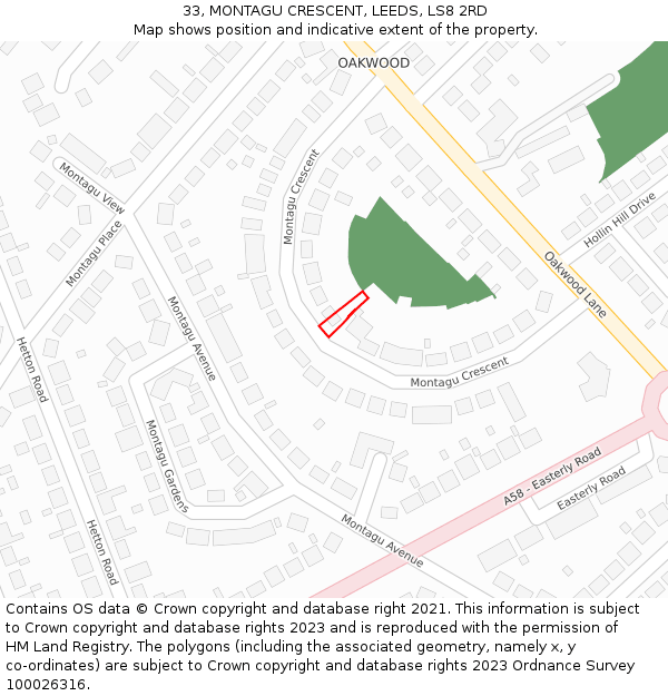 33, MONTAGU CRESCENT, LEEDS, LS8 2RD: Location map and indicative extent of plot