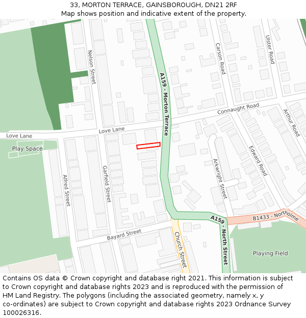 33, MORTON TERRACE, GAINSBOROUGH, DN21 2RF: Location map and indicative extent of plot