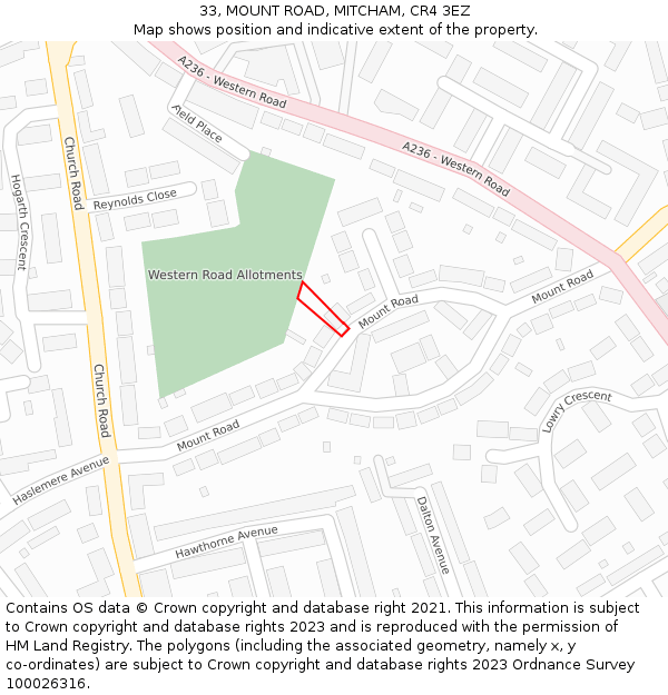 33, MOUNT ROAD, MITCHAM, CR4 3EZ: Location map and indicative extent of plot