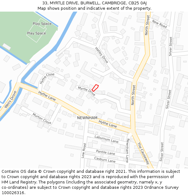 33, MYRTLE DRIVE, BURWELL, CAMBRIDGE, CB25 0AJ: Location map and indicative extent of plot
