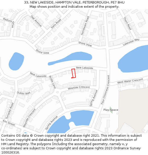 33, NEW LAKESIDE, HAMPTON VALE, PETERBOROUGH, PE7 8HU: Location map and indicative extent of plot