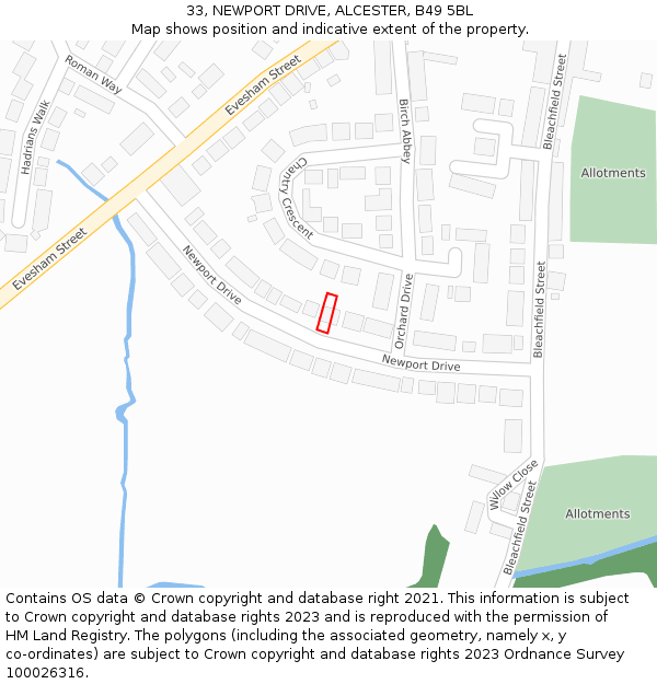 33, NEWPORT DRIVE, ALCESTER, B49 5BL: Location map and indicative extent of plot