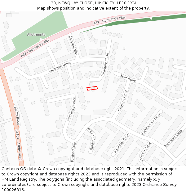 33, NEWQUAY CLOSE, HINCKLEY, LE10 1XN: Location map and indicative extent of plot