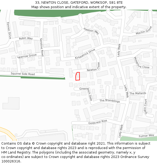 33, NEWTON CLOSE, GATEFORD, WORKSOP, S81 8TE: Location map and indicative extent of plot