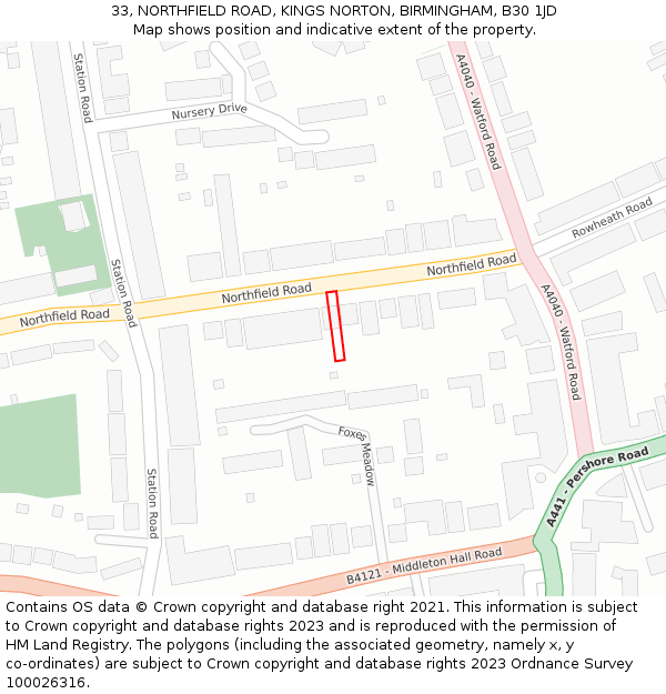 33, NORTHFIELD ROAD, KINGS NORTON, BIRMINGHAM, B30 1JD: Location map and indicative extent of plot