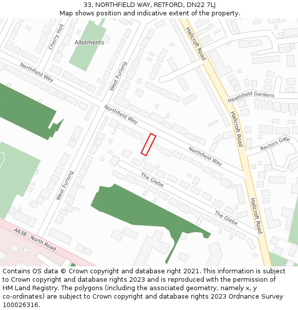33, NORTHFIELD WAY, RETFORD, DN22 7LJ: Location map and indicative extent of plot