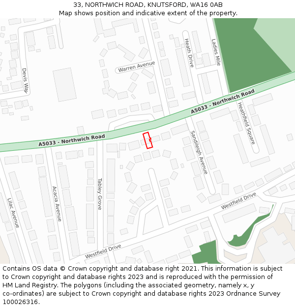 33, NORTHWICH ROAD, KNUTSFORD, WA16 0AB: Location map and indicative extent of plot
