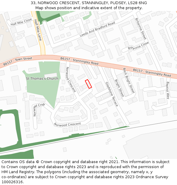 33, NORWOOD CRESCENT, STANNINGLEY, PUDSEY, LS28 6NG: Location map and indicative extent of plot