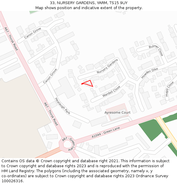 33, NURSERY GARDENS, YARM, TS15 9UY: Location map and indicative extent of plot
