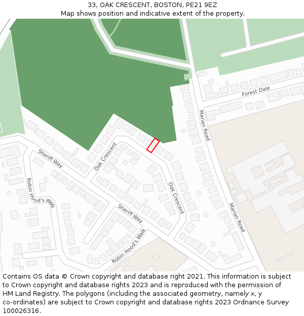 33, OAK CRESCENT, BOSTON, PE21 9EZ: Location map and indicative extent of plot