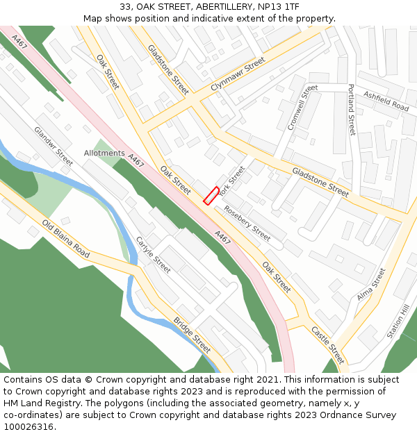 33, OAK STREET, ABERTILLERY, NP13 1TF: Location map and indicative extent of plot
