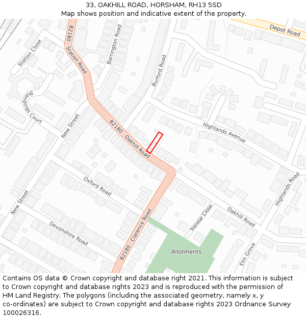 33, OAKHILL ROAD, HORSHAM, RH13 5SD: Location map and indicative extent of plot