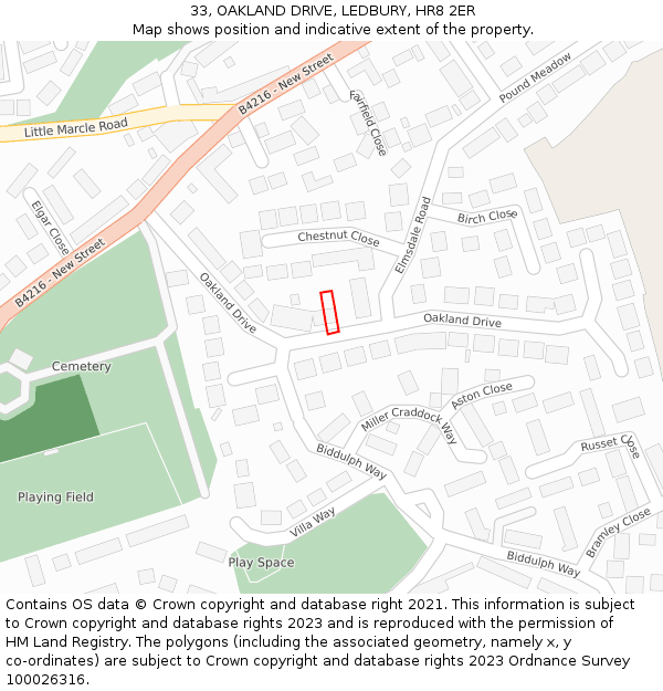 33, OAKLAND DRIVE, LEDBURY, HR8 2ER: Location map and indicative extent of plot