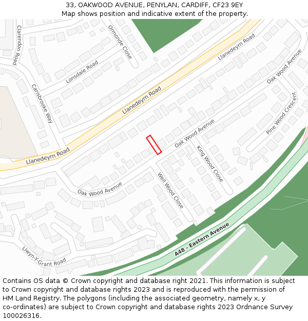 33, OAKWOOD AVENUE, PENYLAN, CARDIFF, CF23 9EY: Location map and indicative extent of plot