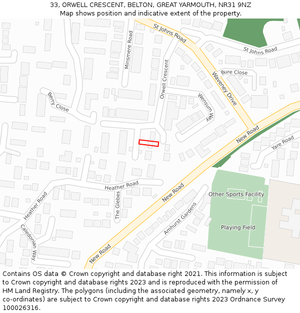33, ORWELL CRESCENT, BELTON, GREAT YARMOUTH, NR31 9NZ: Location map and indicative extent of plot