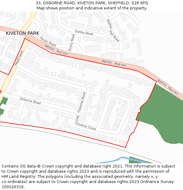 33, OSBORNE ROAD, KIVETON PARK, SHEFFIELD, S26 6PQ: Location map and indicative extent of plot