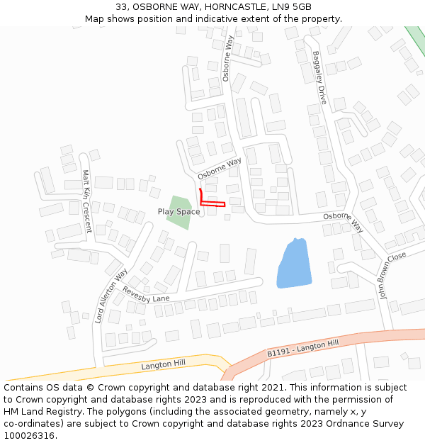 33, OSBORNE WAY, HORNCASTLE, LN9 5GB: Location map and indicative extent of plot