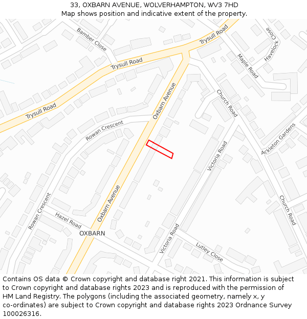 33, OXBARN AVENUE, WOLVERHAMPTON, WV3 7HD: Location map and indicative extent of plot