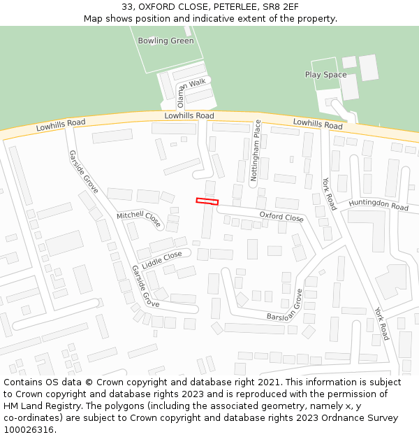 33, OXFORD CLOSE, PETERLEE, SR8 2EF: Location map and indicative extent of plot