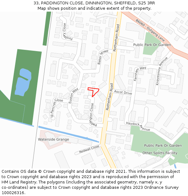 33, PADDINGTON CLOSE, DINNINGTON, SHEFFIELD, S25 3RR: Location map and indicative extent of plot