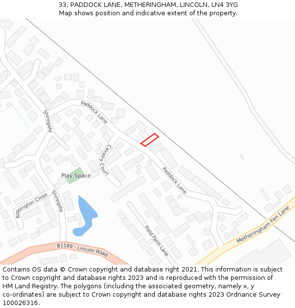 33, PADDOCK LANE, METHERINGHAM, LINCOLN, LN4 3YG: Location map and indicative extent of plot
