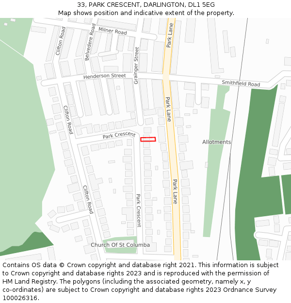 33, PARK CRESCENT, DARLINGTON, DL1 5EG: Location map and indicative extent of plot
