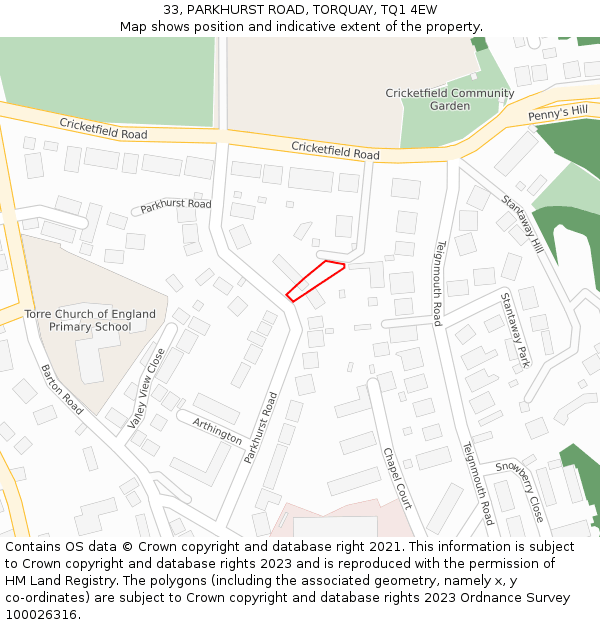 33, PARKHURST ROAD, TORQUAY, TQ1 4EW: Location map and indicative extent of plot