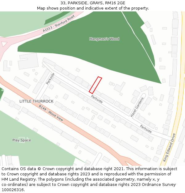 33, PARKSIDE, GRAYS, RM16 2GE: Location map and indicative extent of plot