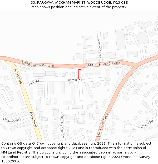 33, PARKWAY, WICKHAM MARKET, WOODBRIDGE, IP13 0SS: Location map and indicative extent of plot