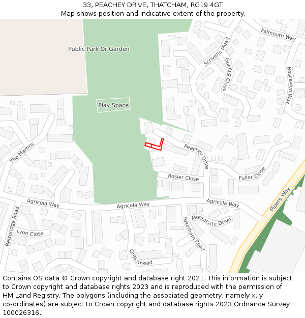 33, PEACHEY DRIVE, THATCHAM, RG19 4GT: Location map and indicative extent of plot