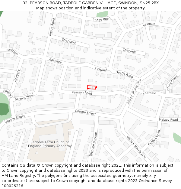 33, PEARSON ROAD, TADPOLE GARDEN VILLAGE, SWINDON, SN25 2RX: Location map and indicative extent of plot