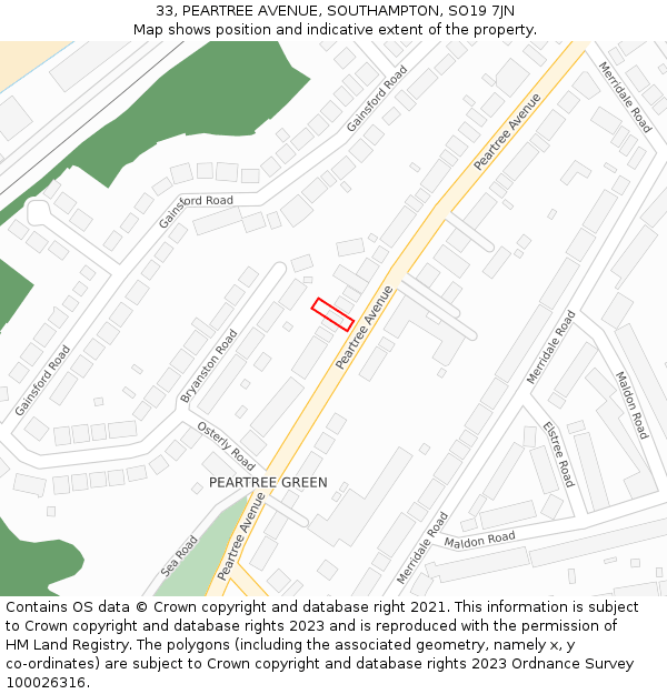33, PEARTREE AVENUE, SOUTHAMPTON, SO19 7JN: Location map and indicative extent of plot