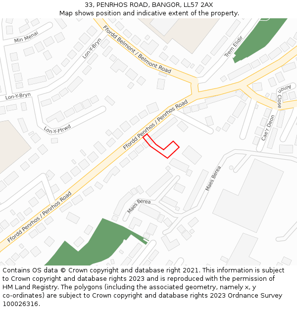 33, PENRHOS ROAD, BANGOR, LL57 2AX: Location map and indicative extent of plot