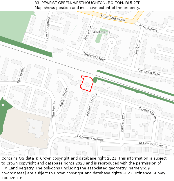 33, PEWFIST GREEN, WESTHOUGHTON, BOLTON, BL5 2EP: Location map and indicative extent of plot
