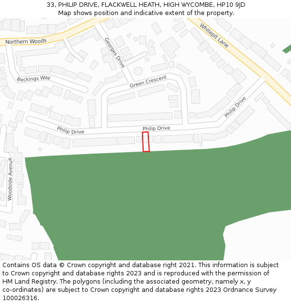 33, PHILIP DRIVE, FLACKWELL HEATH, HIGH WYCOMBE, HP10 9JD: Location map and indicative extent of plot