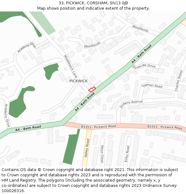 33, PICKWICK, CORSHAM, SN13 0JB: Location map and indicative extent of plot